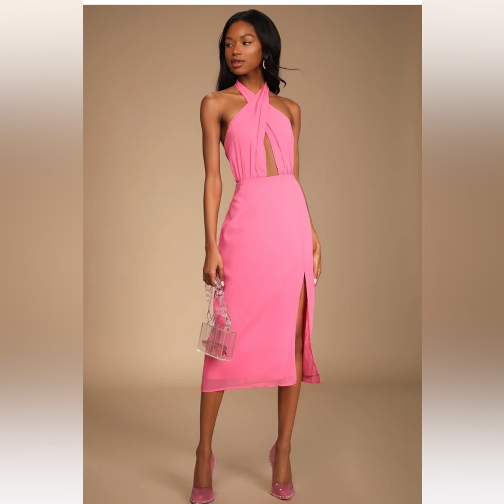 NWT Lulus Chic Bright Pink Cutout Twist-Front Halter Midi Dress - L